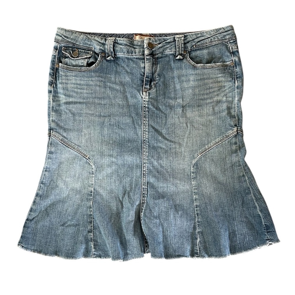 Paige | Women's Medium Blue Denim Pico Jean Skirt, trumpet flare, pockets, sz 32